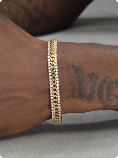 Gold tennis bracelet with titanium steel construction and artificial gemstone inlay for unisex hip hop styling