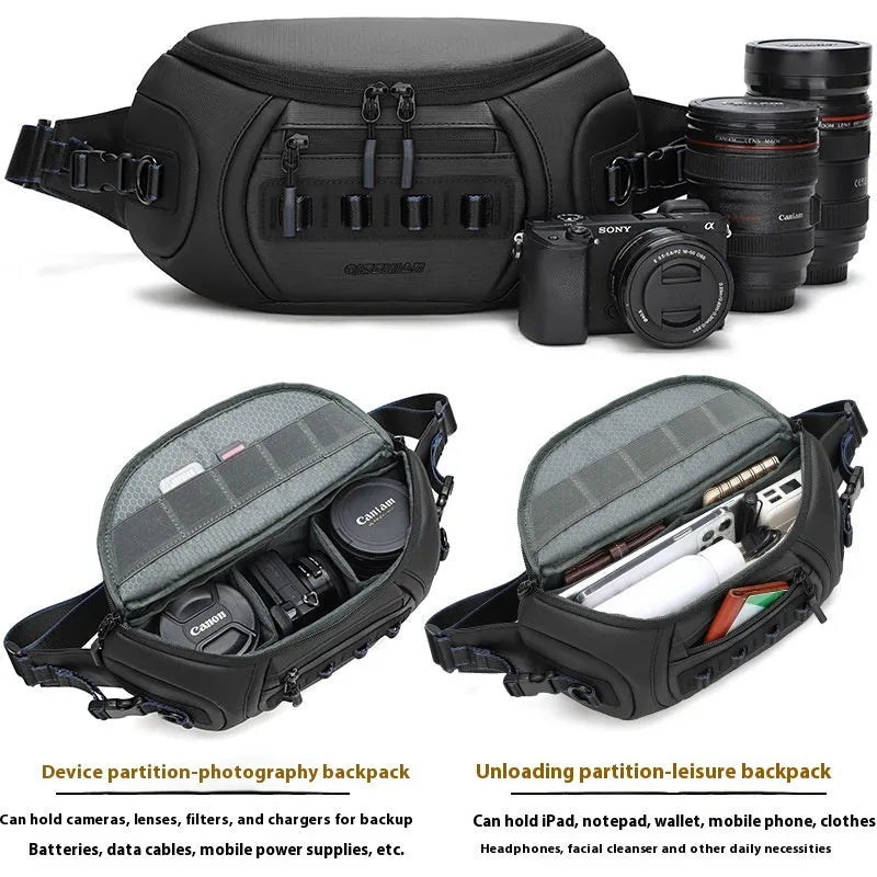 Black waterproof Oxford cloth shoulder camera bag worn across the chest.