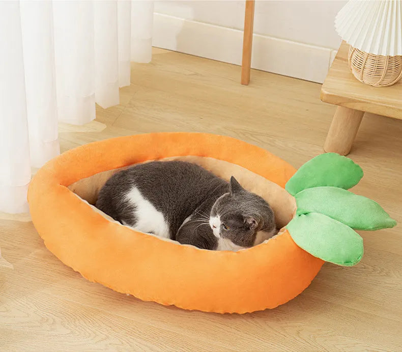 Carrot-shaped enclosed dog nesting bed with a soft blanket, shown in medium and large sizes.