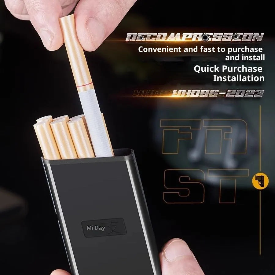Plastic windproof gas lighter with cigarette case in black colour with three cigarette boxes
