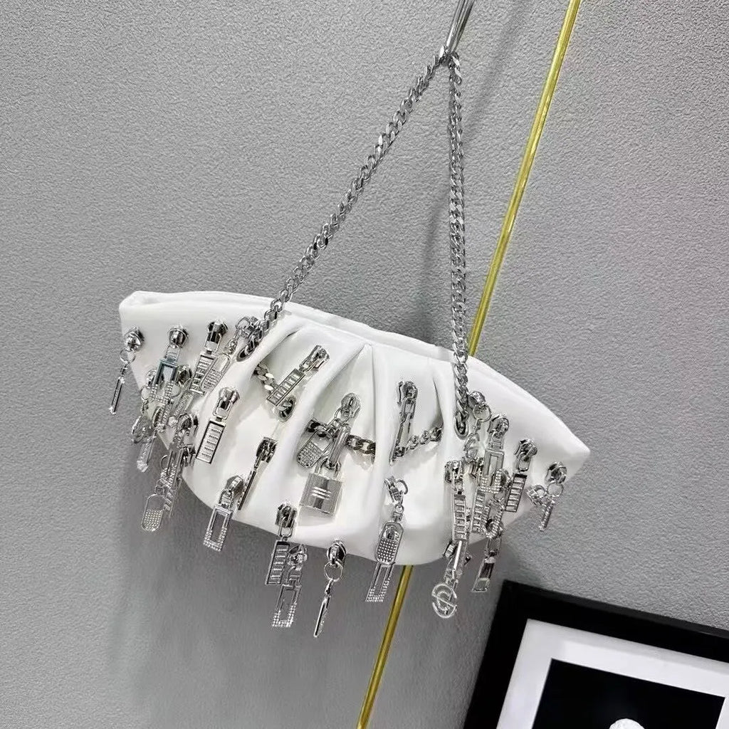 Niche chain cloud shoulder crossbody metal handbag in PU with dumbbell shape, chain and lock details, street trend style
