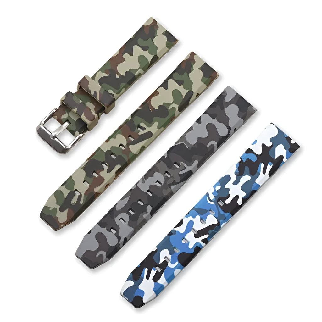 Green camouflage silicone watch strap showing 20mm width and buckle detail.