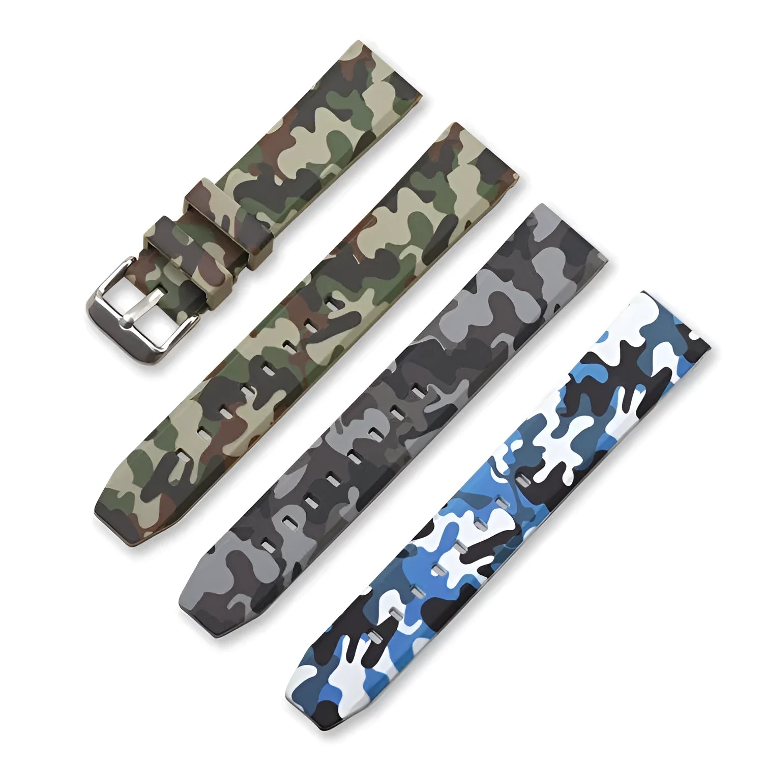 Green camouflage silicone watch strap showing 20mm width and buckle detail.