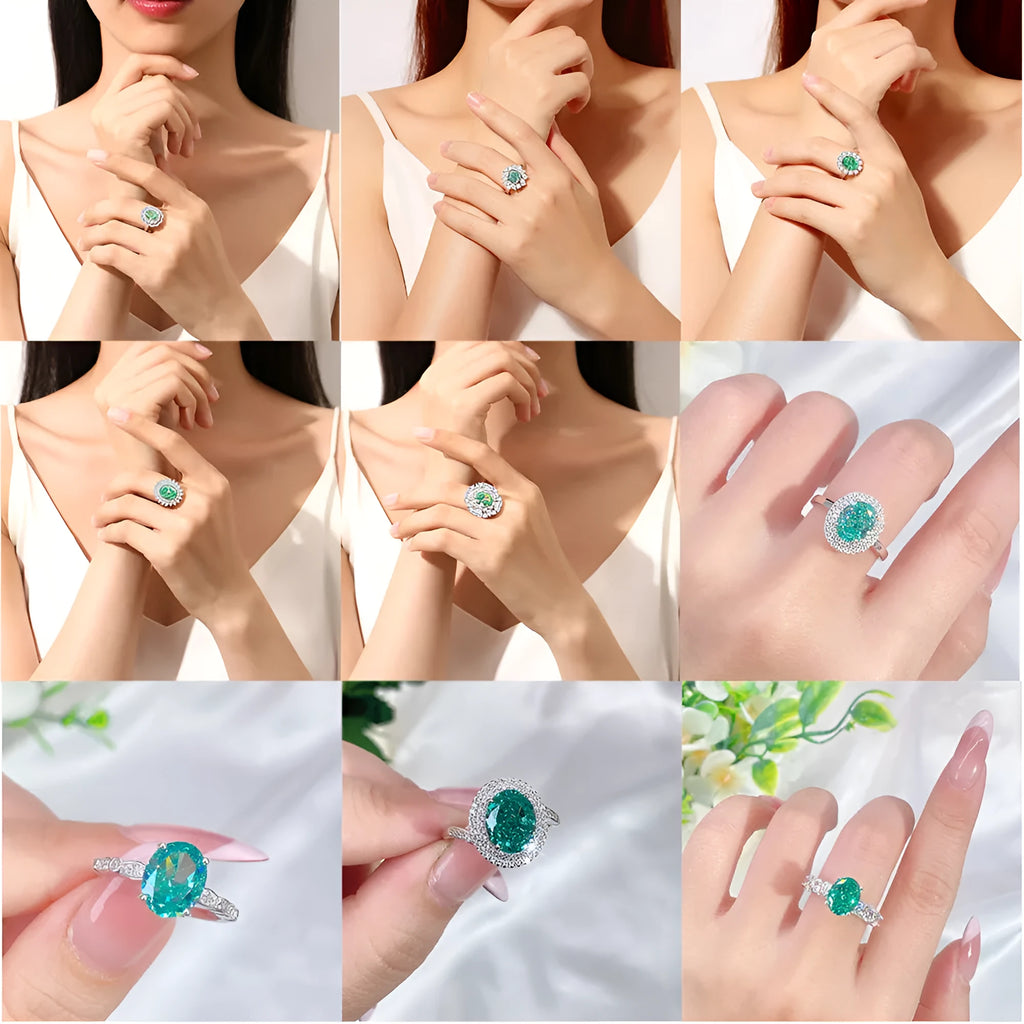 S925 sterling silver emerald ring with a geometric palaibahao high carbon diamond inlay on a woman's finger.