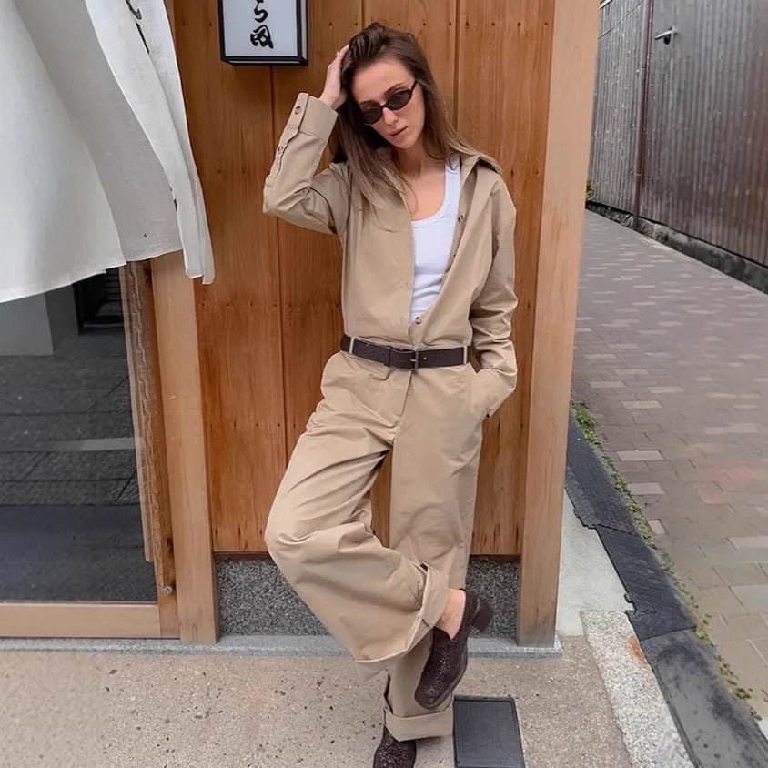 Khaki cargo overalls with drop-shoulder sleeves and mid-waist trouser cut front view