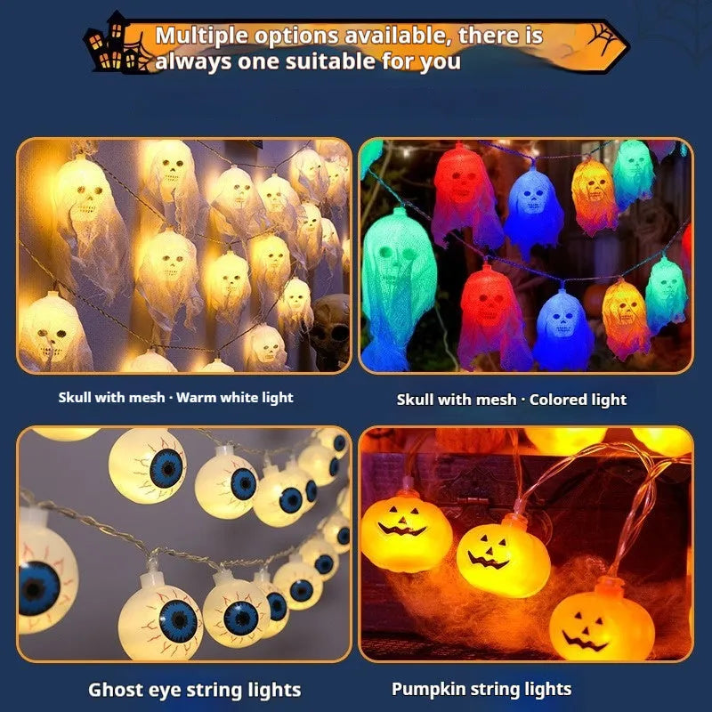 Battery-powered Halloween coloured LED string lights for indoor wall decoration.