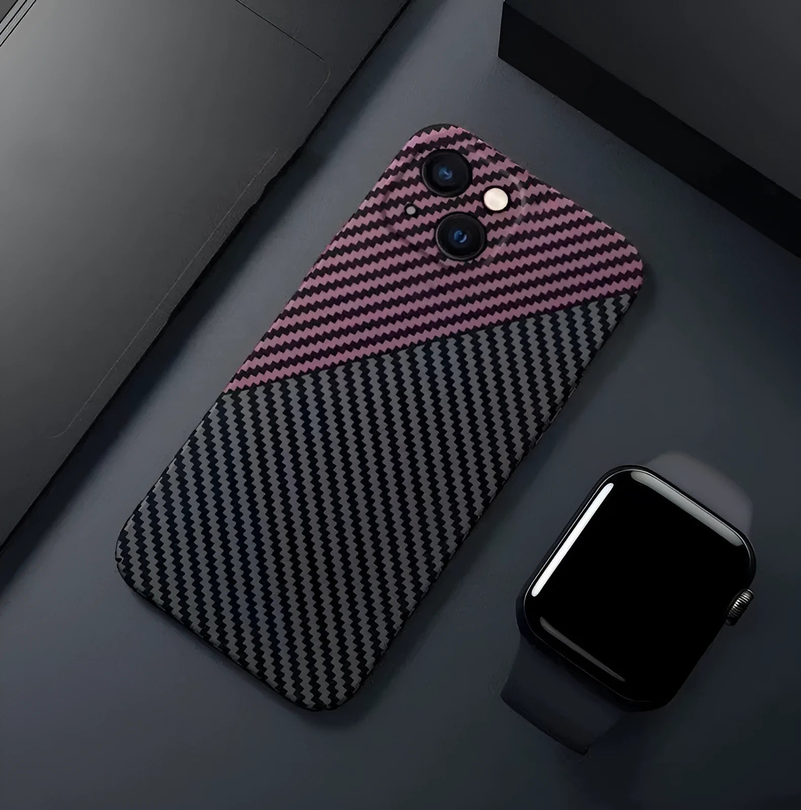 Carbon fiber phone case with drop resistance and heat dissipation for iPhone, black and gray colour