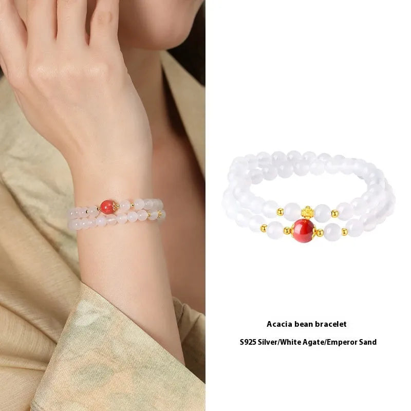 White agate double layer women's bracelet with jequirity bean cinnabar charm and geometric beads