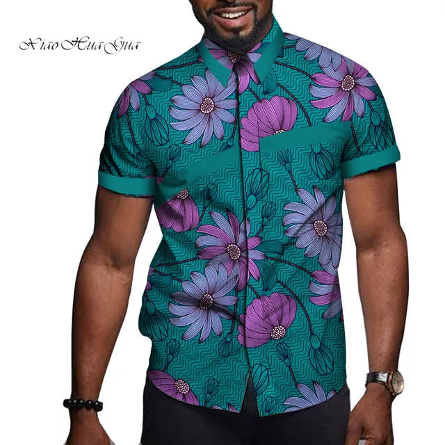 African men cotton printed short sleeve T shirt colourblock lapel collar fitted leisure top