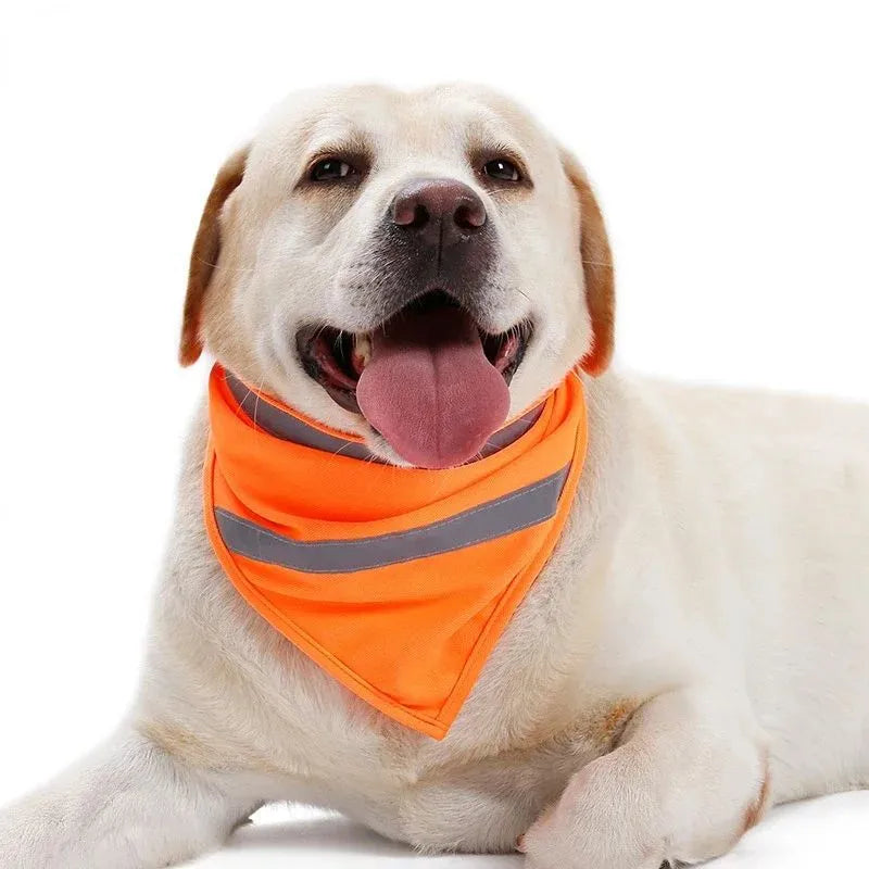 Yellow and orange reflective dog bandana with striped design and adhesive strap, shown on a dog's neck.