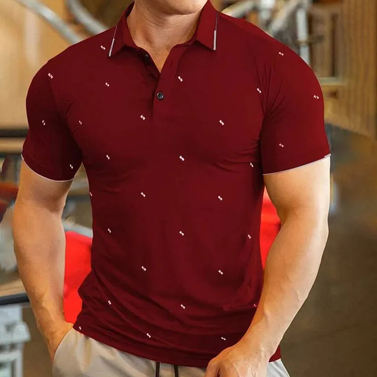 Men's short sleeve digital print sports top in black, white, red, and dark blue, sizes S to 6XL