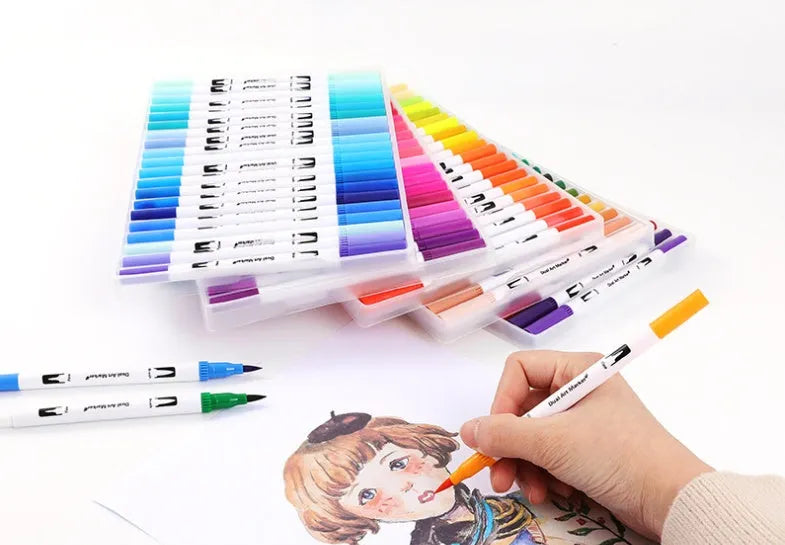 Set of watercolour pens in a case, showing multiple colour options for sketching and calligraphy.