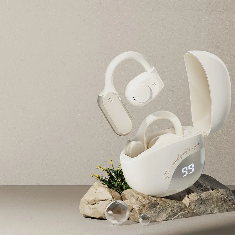 Bone conduction non in-ear bluetooth headset in Glacier Blue with silicone ear hook on a white background