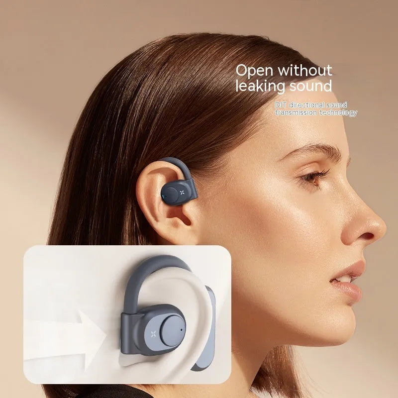 Bone conduction non in-ear bluetooth headset in Glacier Blue with silicone ear hook on a white background