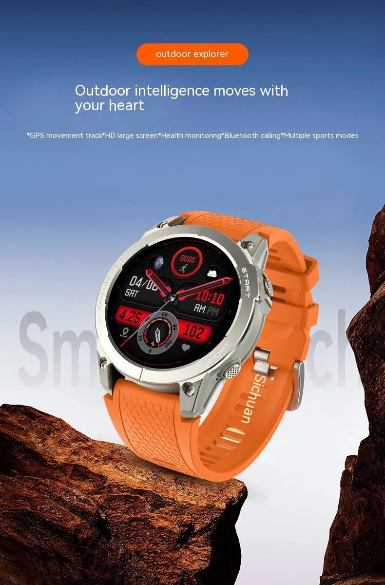 S53 Outdoor GPS Sports Call Smart Watch in black or orange with 1.43-inch IPS screen and silicone wristband