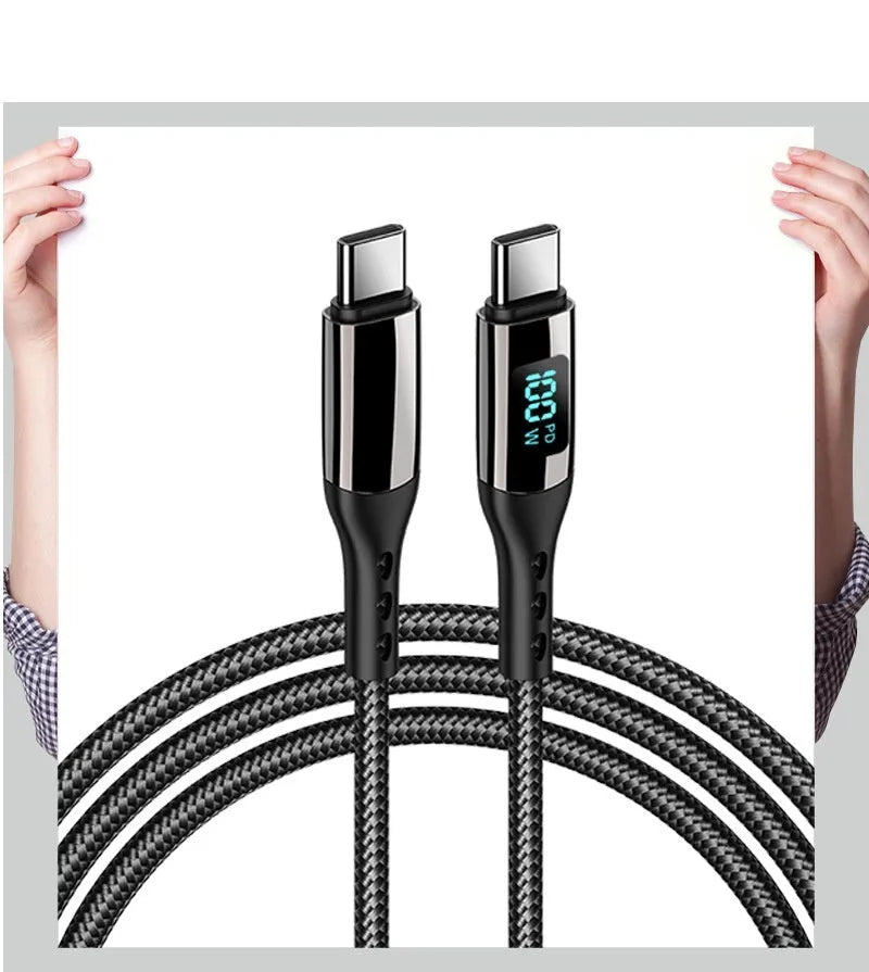 Double-headed TYPE-C PD 100W woven data cable with digital display in black on a plain background