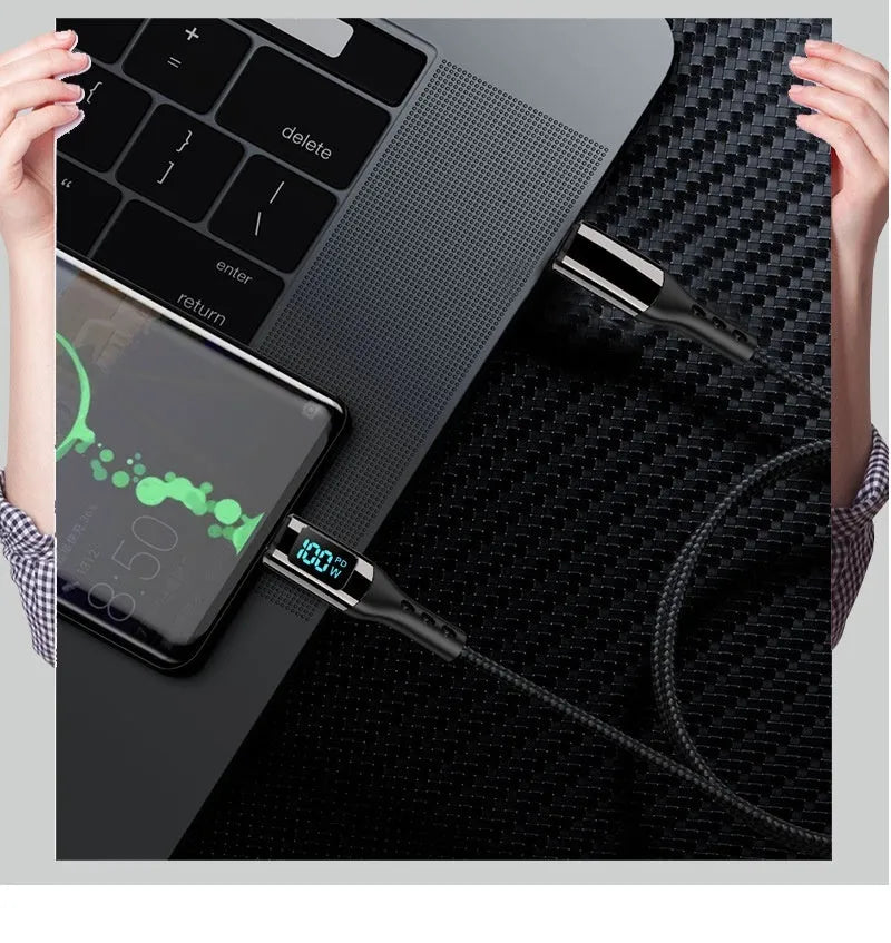 Double-headed TYPE-C PD 100W woven data cable with digital display in black on a plain background