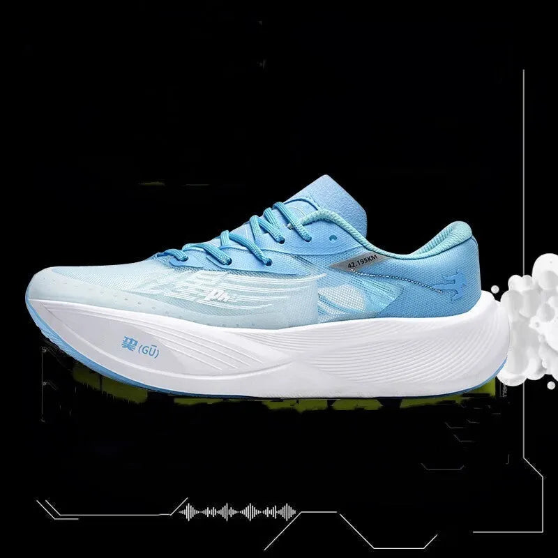 Low-top racing sneaker with carbon plate technology in Glacier colour on a natural rubber sole.