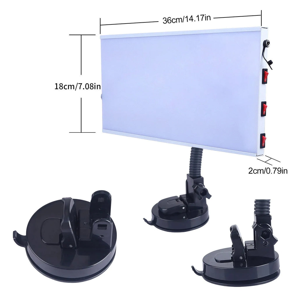 White MPT X009 car dent repair detector suit with concave inspection light on a workshop bench.