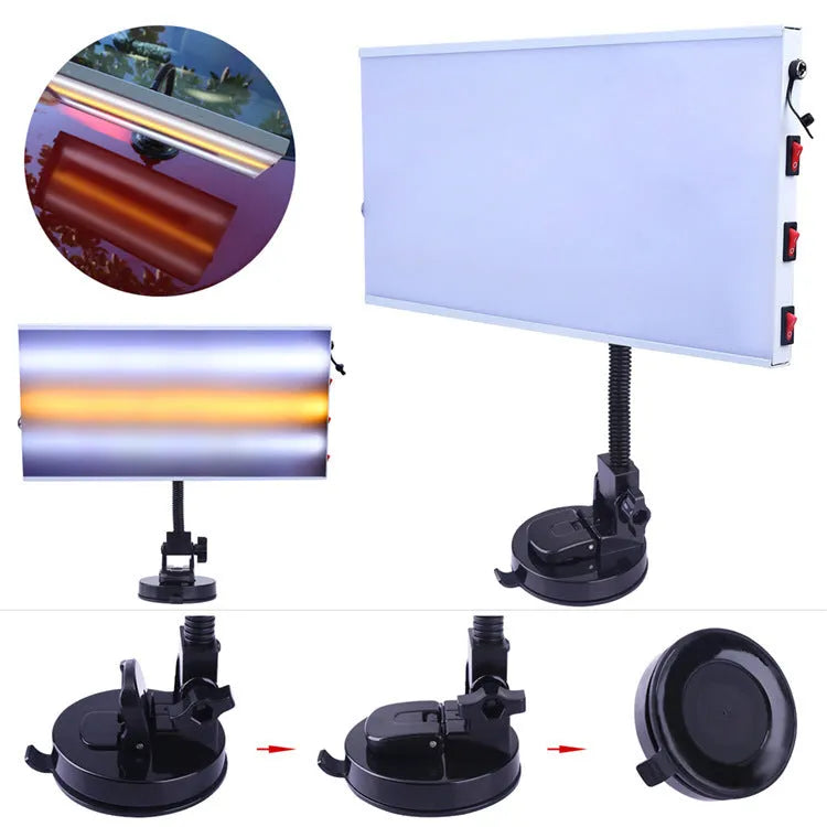 White MPT X009 car dent repair detector suit with concave inspection light on a workshop bench.