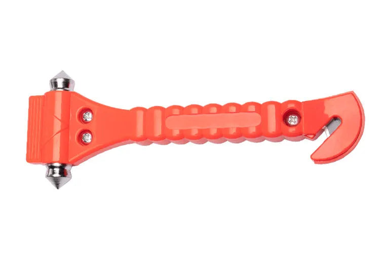 Red car emergency safety hammer with a carbon steel head and seatbelt cutter blade on an ABS plastic handle.