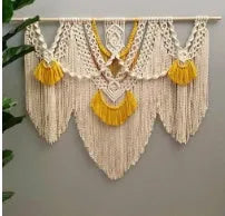 Creamy white hand-woven cotton Nordic tapestry hanging on a wall, rectangular shape 120cm by 95cm.