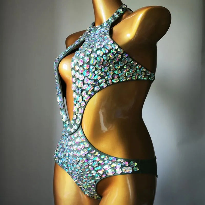 Women's one-piece swimsuit with black mesh diamond pattern on nylon fabric.