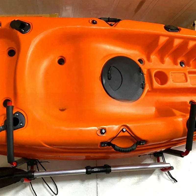 Heavy-duty carbon steel kayak and surfboard wall storage rack measuring 43cm wide.
