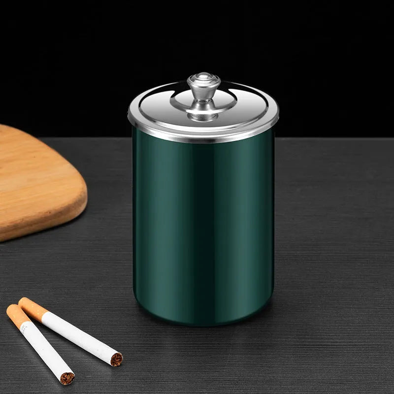 Stainless steel fly ash ashtray with cover, funnel and smoke button in multiple colours