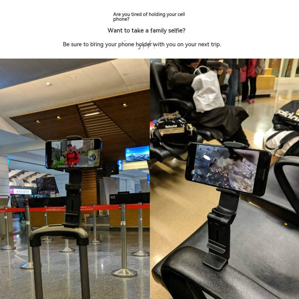 A black foldable phone holder with a rotating base, shown holding a mobile phone in landscape orientation.