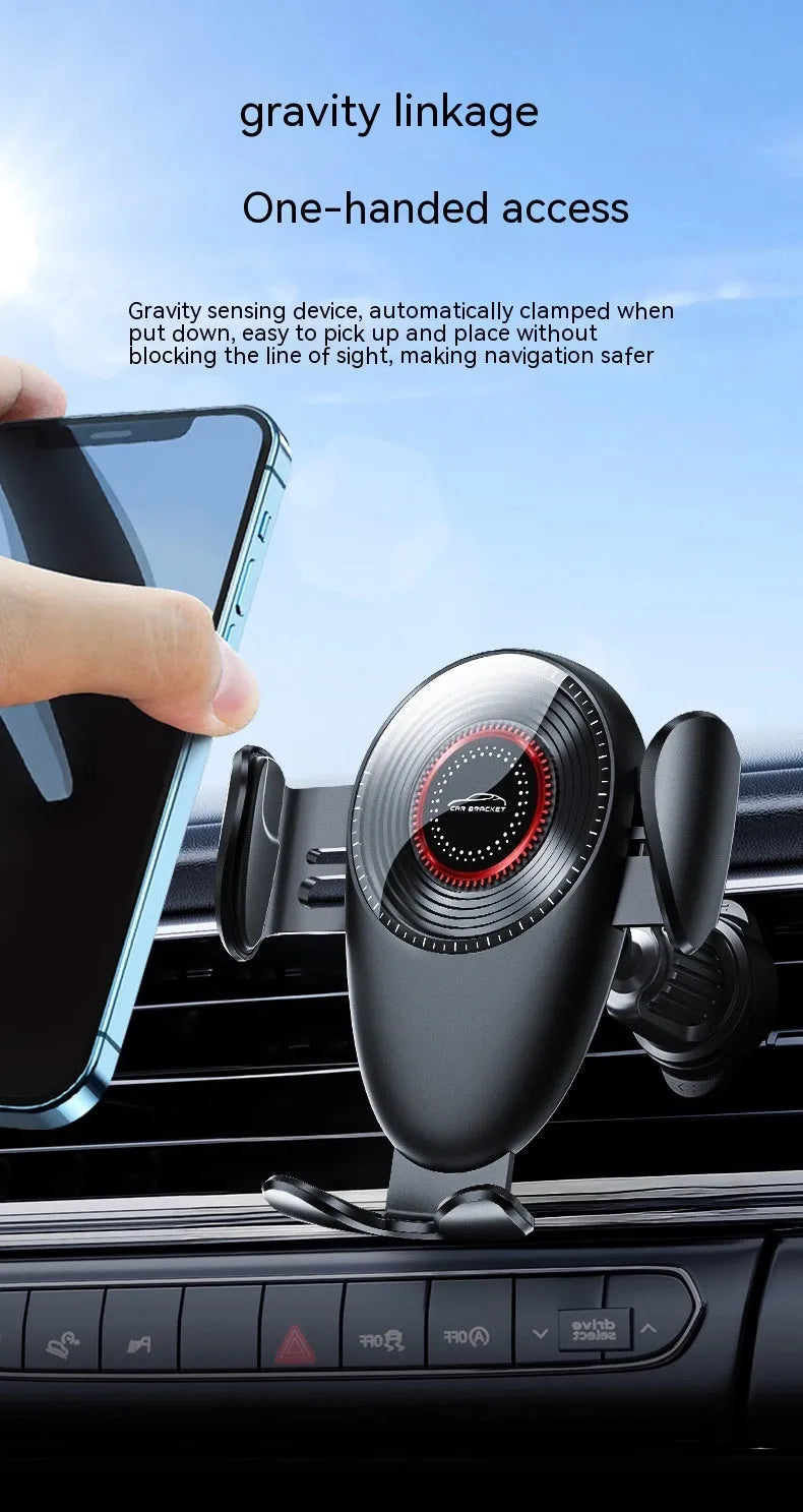 Black car air vent phone bracket with adjustable clamp arms mounted on vehicle ventilation system