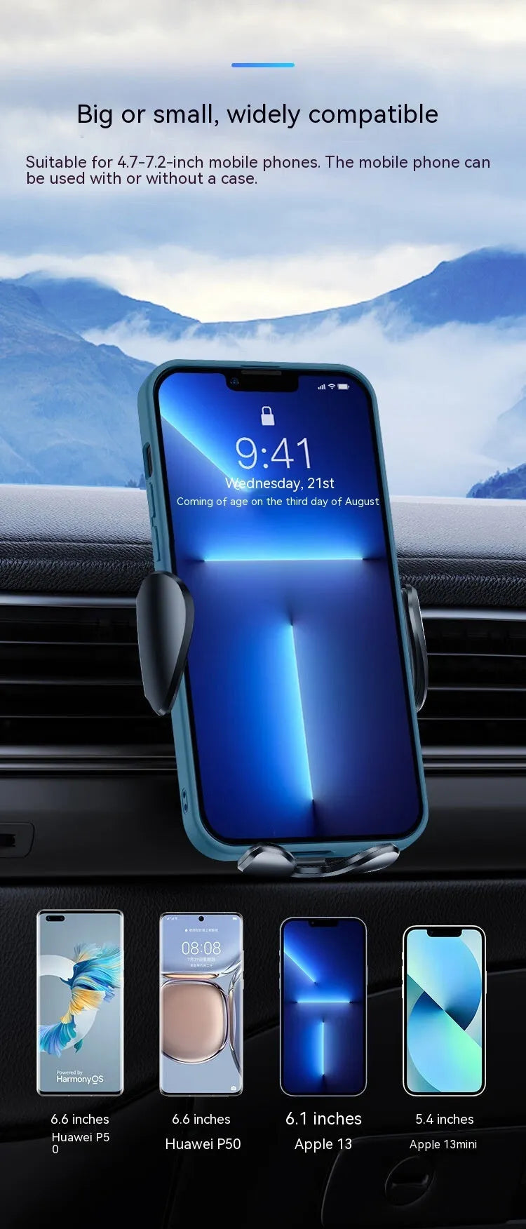 Black car air vent phone bracket with adjustable clamp arms mounted on vehicle ventilation system