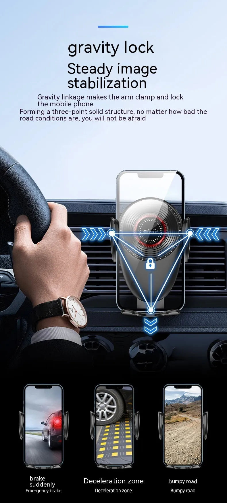 Black car air vent phone bracket with adjustable clamp arms mounted on vehicle ventilation system