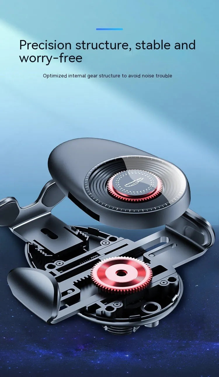 Black car air vent phone bracket with adjustable clamp arms mounted on vehicle ventilation system