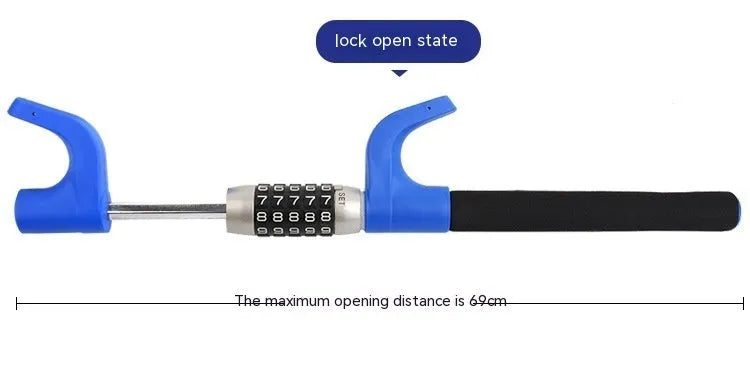 Blue car steering wheel anti-theft U-lock with password combination on alloy steel construction