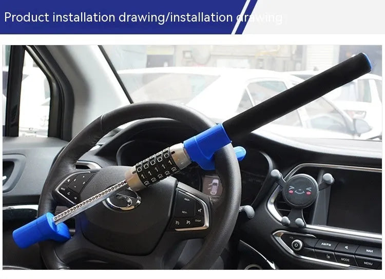 Blue car steering wheel anti-theft U-lock with password combination on alloy steel construction
