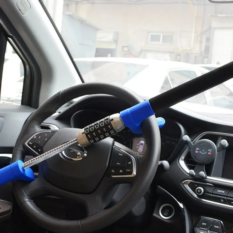 Blue car steering wheel anti-theft U-lock with password combination on alloy steel construction
