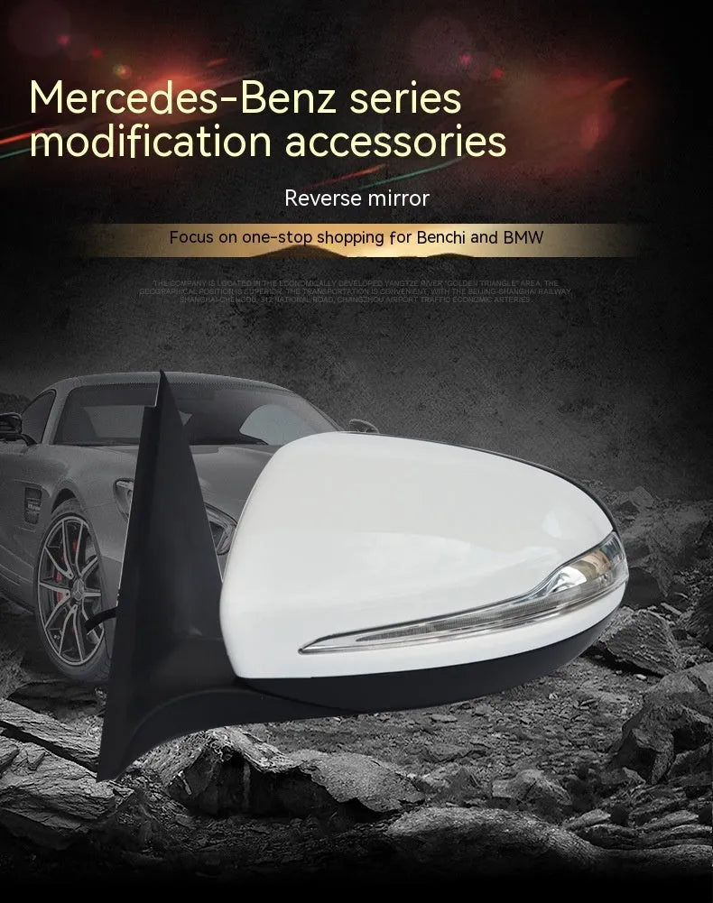 Mercedes-Benz W205 C-Class replacement rearview mirror assembly with ABS shell in black and white primer options