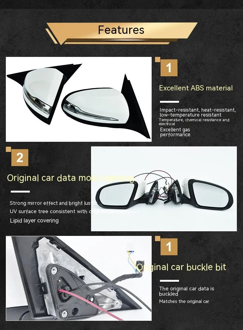 Mercedes-Benz W205 C-Class replacement rearview mirror assembly with ABS shell in black and white primer options