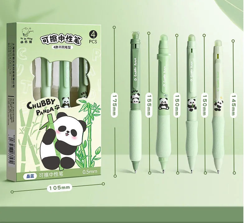 Erasable cartoon press gel pen with 0.5mm tip showing Aerospace and Panda design options.