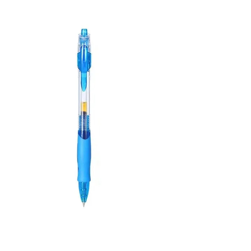A neutral-colour gel pen with a 0.5mm fine tip, shown with black, blue, and red ink refills.