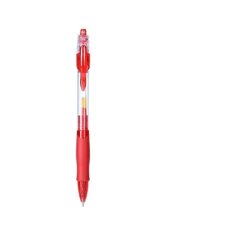 A neutral-colour gel pen with a 0.5mm fine tip, shown with black, blue, and red ink refills.