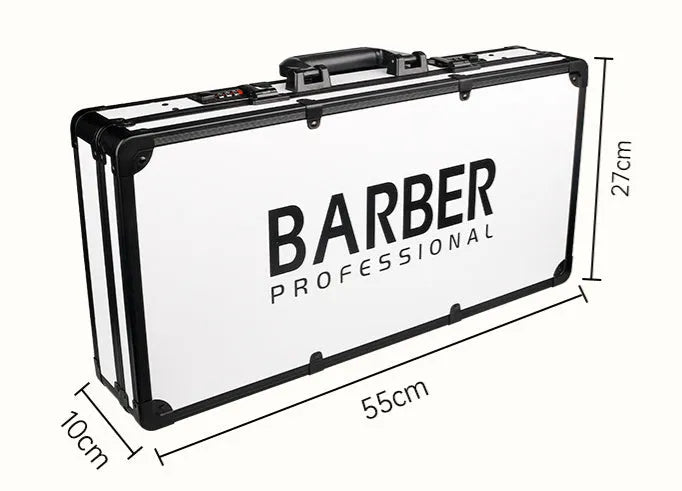 Black PVC suitcase with combination lock for storing hair styling tools, shown with dimensions 55cm by 27cm.