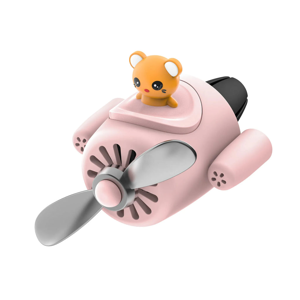 Cartoon aeroplane-shaped plastic car air vent aromatherapy diffuser with rotating fan blades.