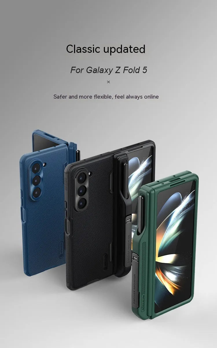 Frosted shield phone case for Samsung Galaxy Z Fold 5 5G in black with folding bracket