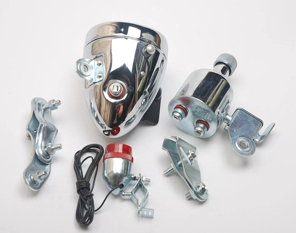 Silver bicycle dynamo generator light kit for front fork or rear frame mounting with 12V and 6V options