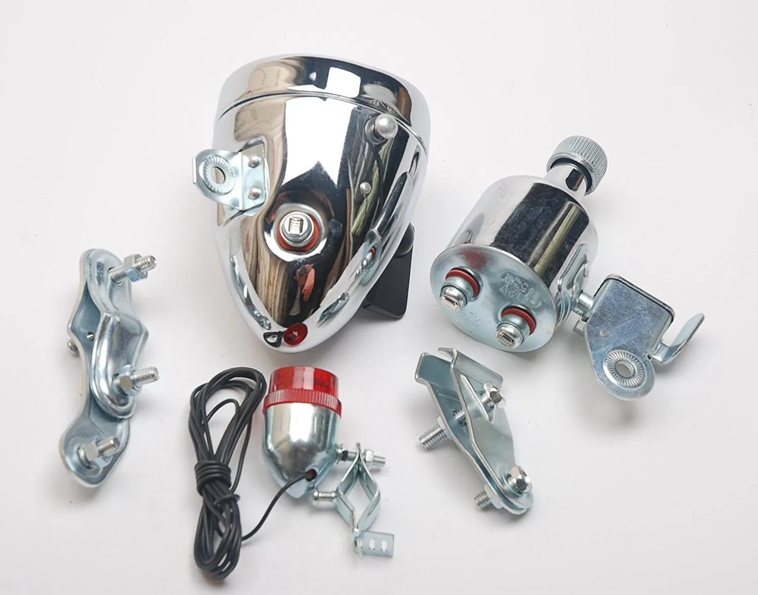 Silver bicycle dynamo generator light kit for front fork or rear frame mounting with 12V and 6V options