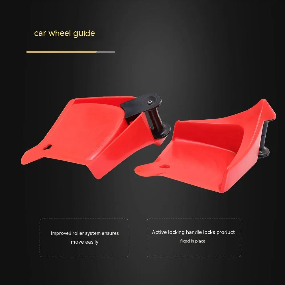 Four red triangular plastic car parking blocks with non-slip rubber surfaces