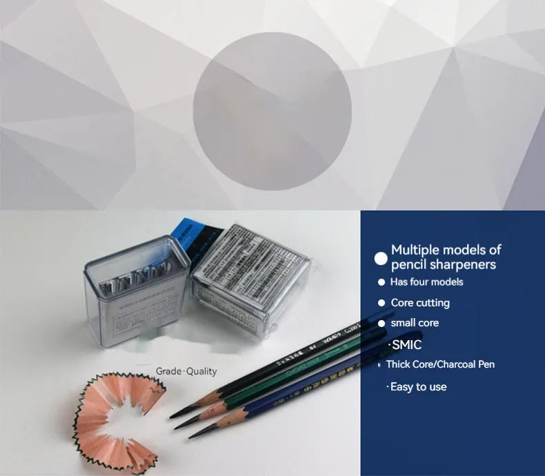 Geometric plastic pencil sharpener with four holes and an included screwdriver tool.