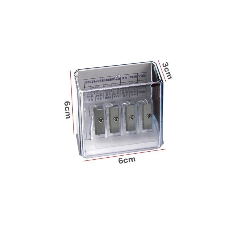 Geometric plastic pencil sharpener with four holes and an included screwdriver tool.